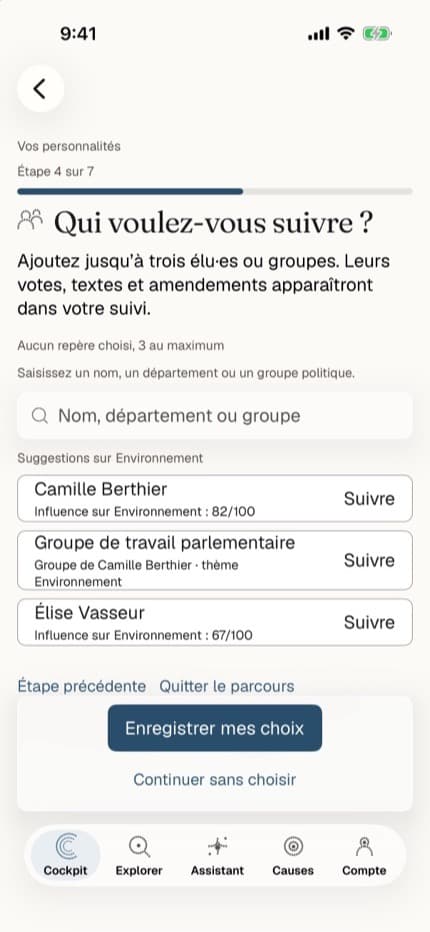 Suggestions d’élus et de groupes à suivre dans l’app iOS OpenCitizen, avec leur influence sur un thème