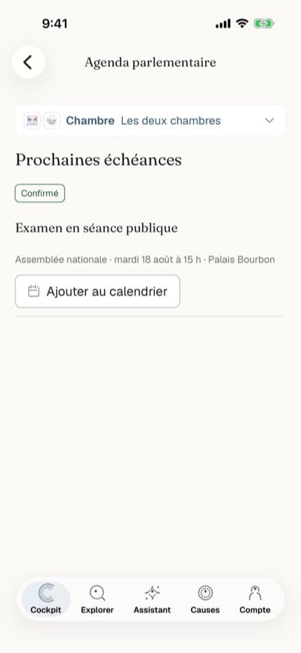 Agenda parlementaire de l’app iOS OpenCitizen : une séance publique confirmée à ajouter au calendrier
