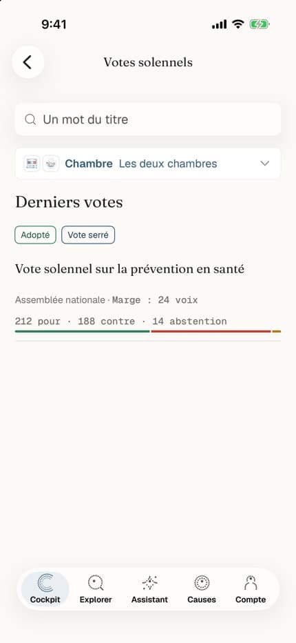 Écran natif iOS OpenCitizen présentant le résultat d’un vote solennel, affiché sur un iPhone 17 Pro