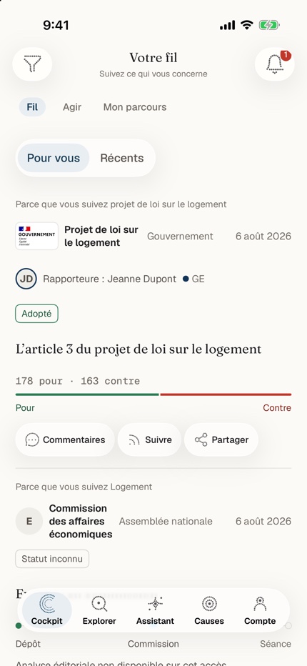 Fil personnalisé de l’application iOS OpenCitizen : un vote d’article et une échéance de commission, données de démonstration