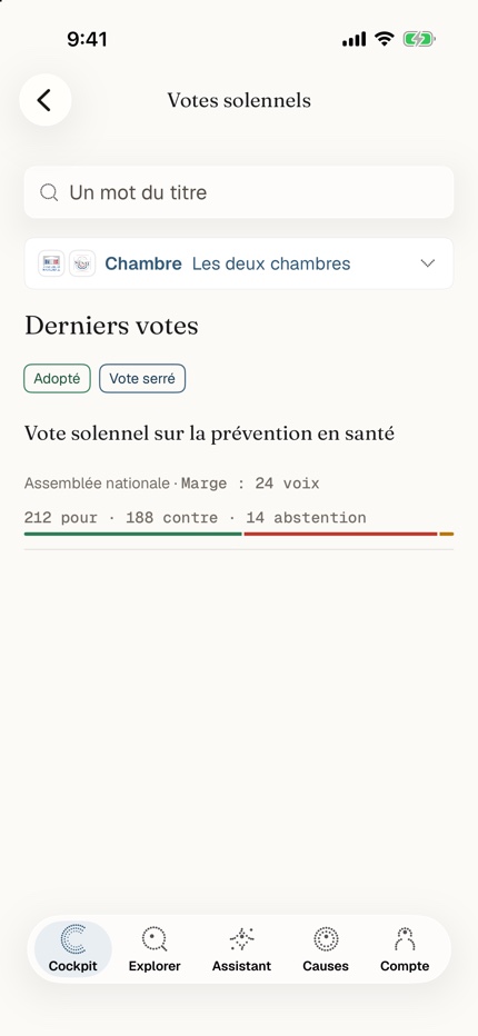 Écran des votes solennels de l’application iOS OpenCitizen, données de démonstration
